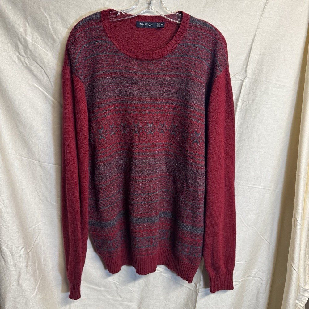 Nautica Vintage Geometric Sweater Adult XXL Red Gray Wool Lightweight Knit